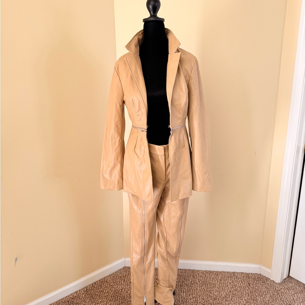 Chic Tan Faux Leather Jacket and Pants Set